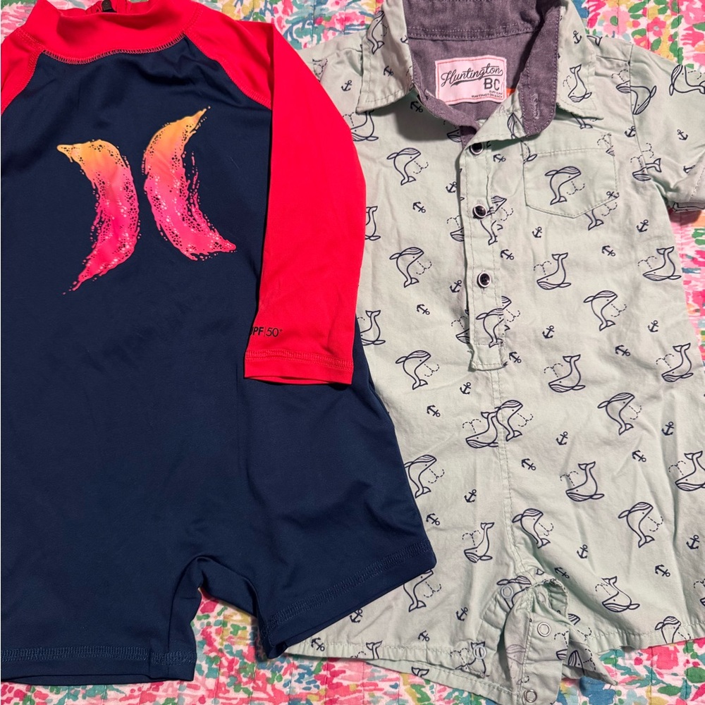 Hurley Navy & Red Rash Guard One-Piece Swimsuit + Whale Print Romper